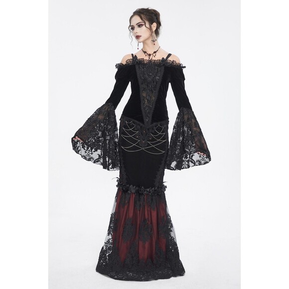 Devil Fashion Gothic Victorian Vampire Black Velvet Beaded Rose & Lace Top S - Picture 15 of 16